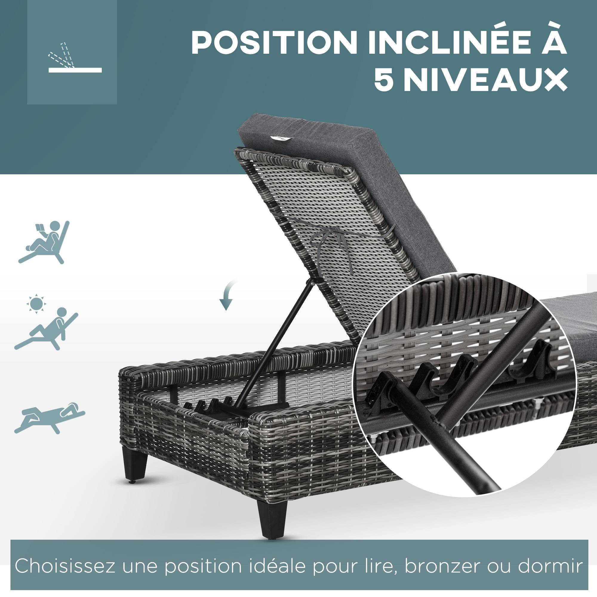 Outsunny - Bain de soleil transat grand confort matelas inclinaison réglable multipositions résine tressée grise - Outsunny - Imagen 6