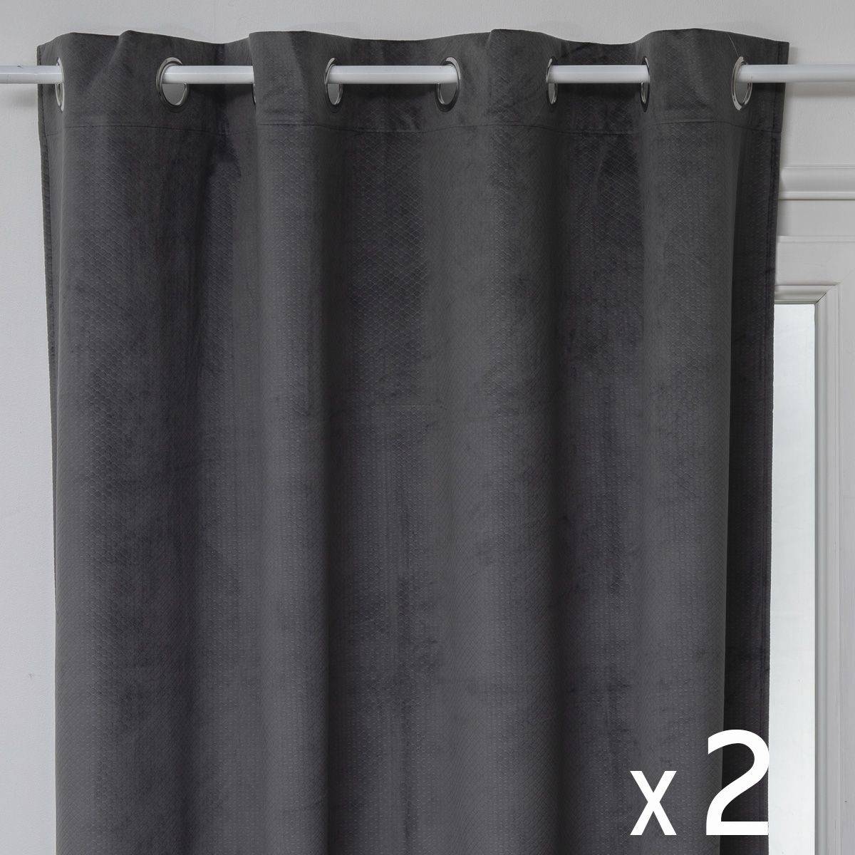 Atmosphera - Lot de 2 Rideaux à  œillets Occultant en Velours Gris motif en relief 140 x 260 cm - Imagen 1