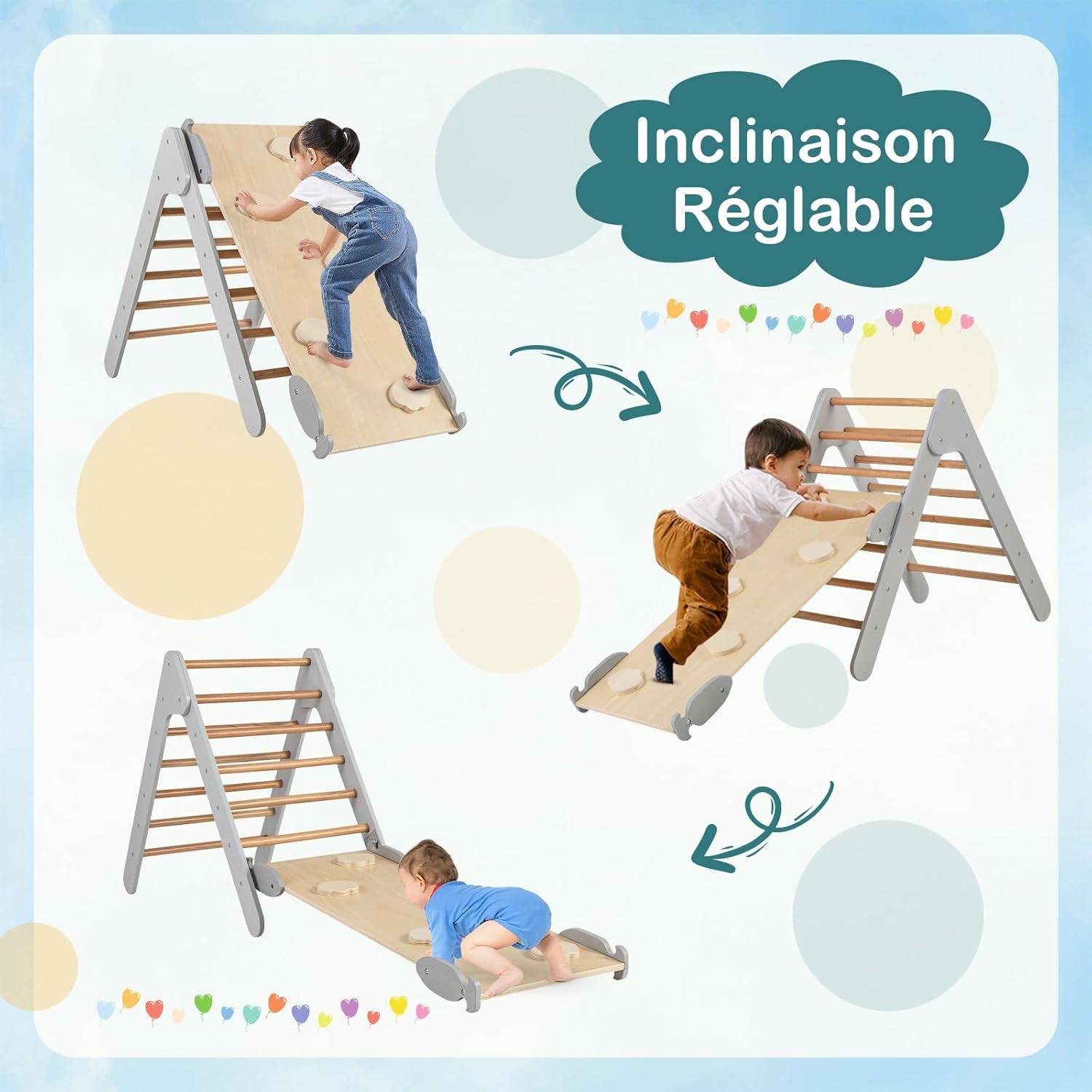 Kit Escalade Montessori 3 En 1 – Triangle + Arche + Toboggan – Pour Enfants 2 à 8 Ans – Stable, Réglable, Bois Massif – Motricité Et Imagination