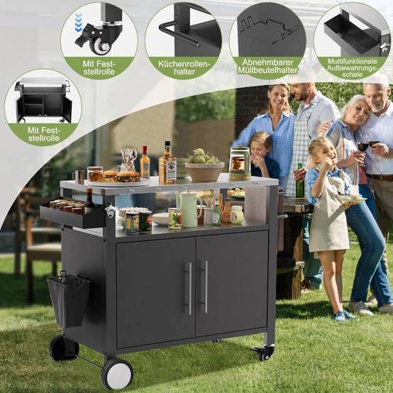 Desserte barbecue métal plateau inox extérieur avec rangements 96x46x90cm noir - ComfortXL Outdoor Living - Image 7