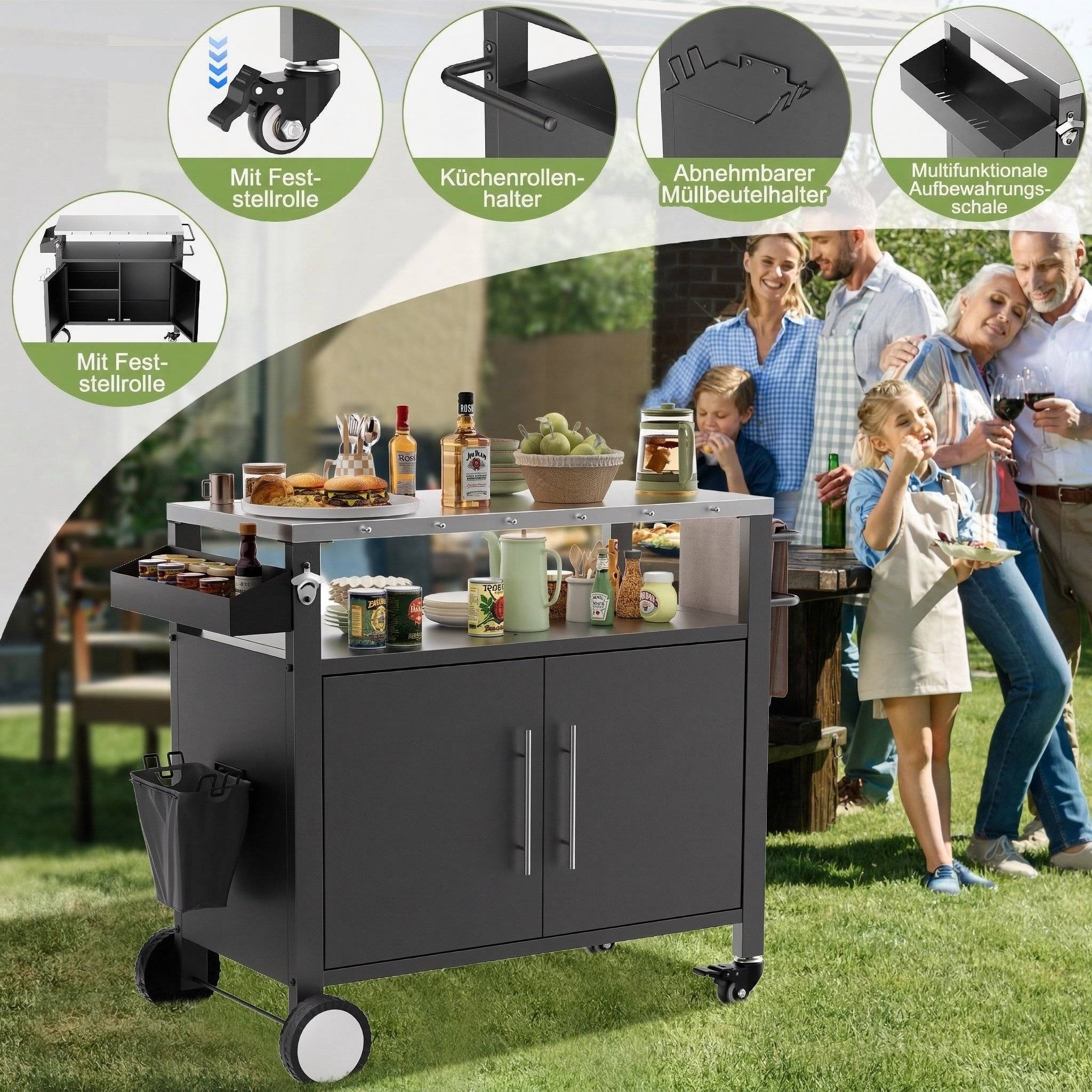 Desserte barbecue métal plateau inox extérieur avec rangements 96x46x90cm noir - ComfortXL Outdoor Living - Image 7