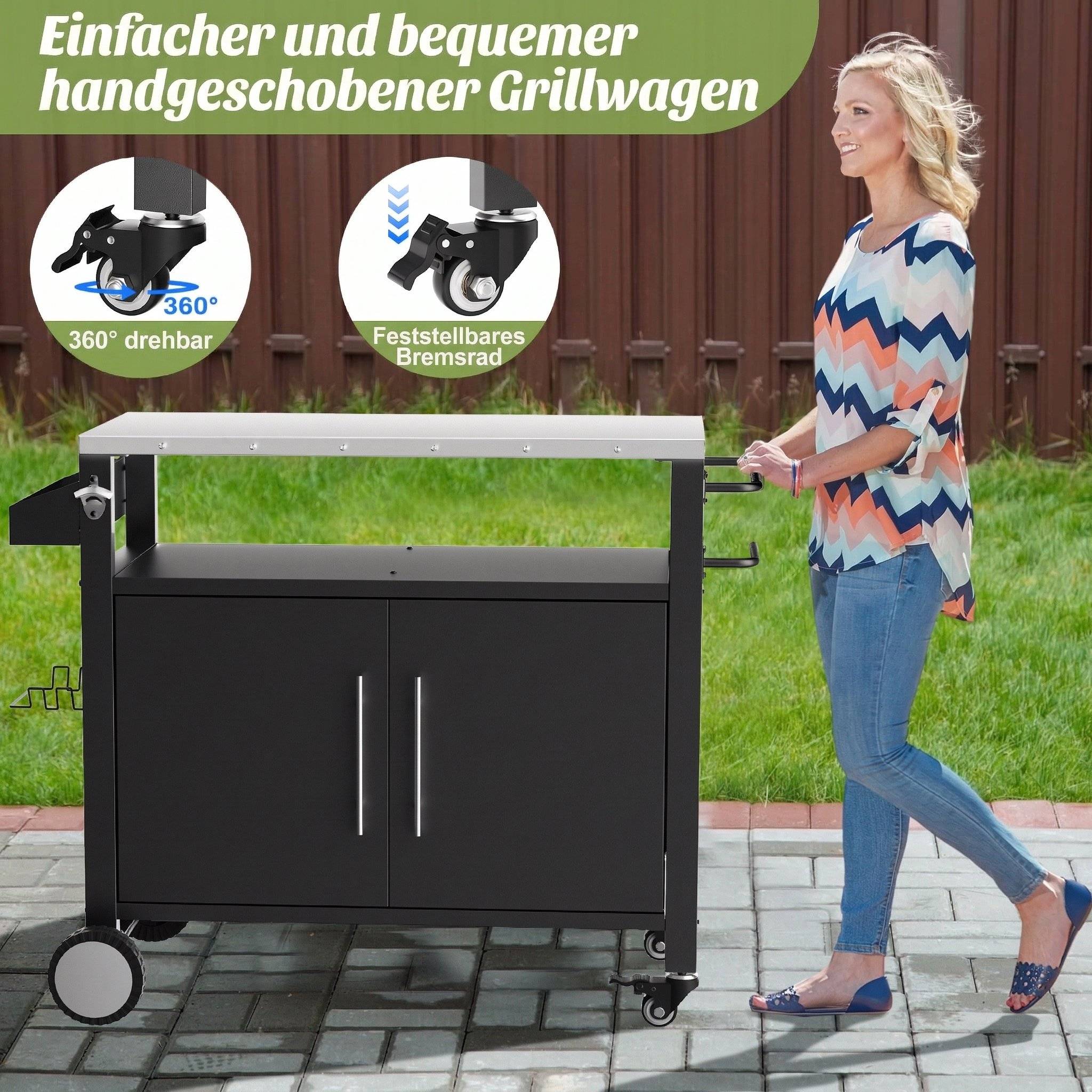 Desserte barbecue métal plateau inox extérieur avec rangements 96x46x90cm noir - ComfortXL Outdoor Living - Image 8