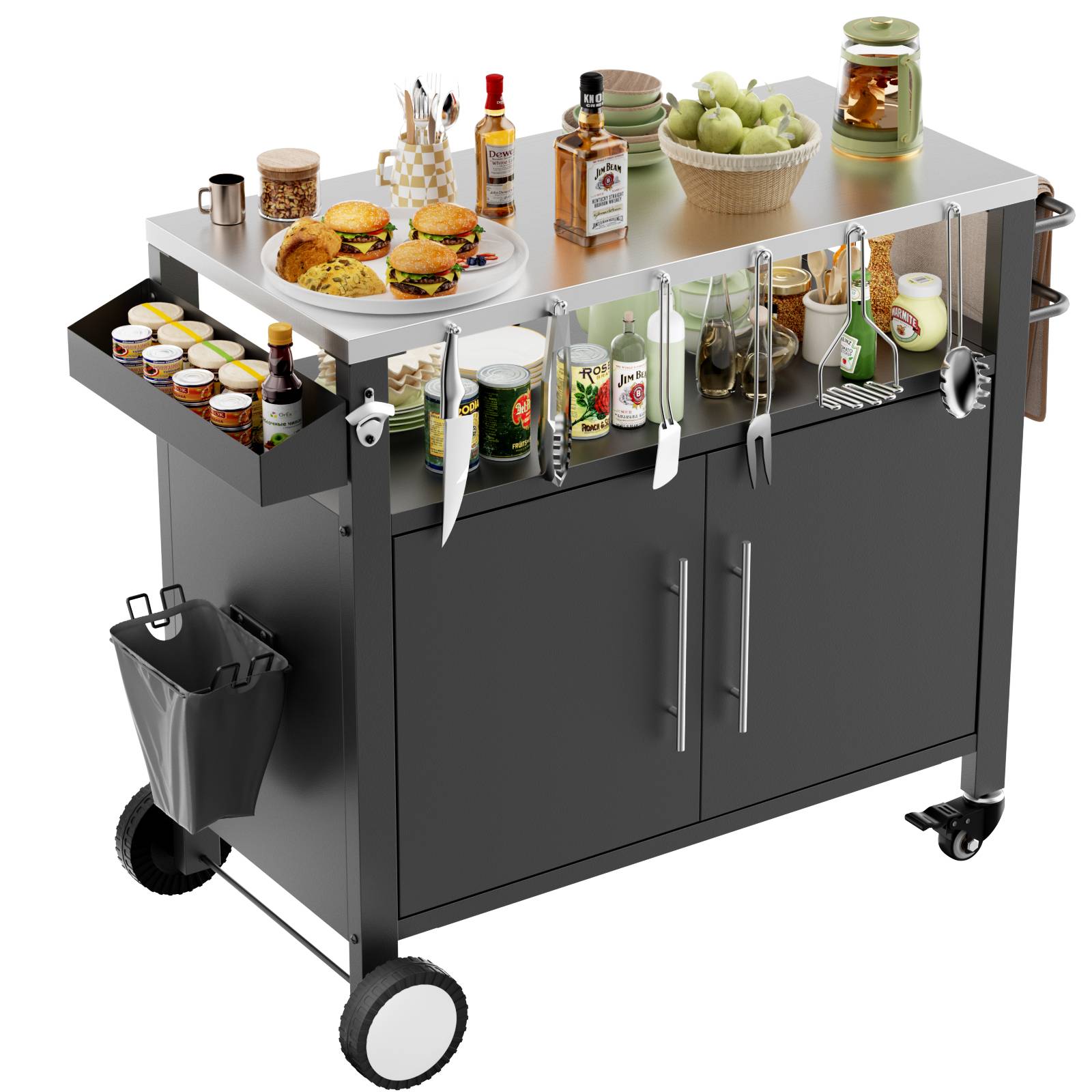 Desserte barbecue métal plateau inox extérieur avec rangements 96x46x90cm noir - ComfortXL Outdoor Living - Image 2