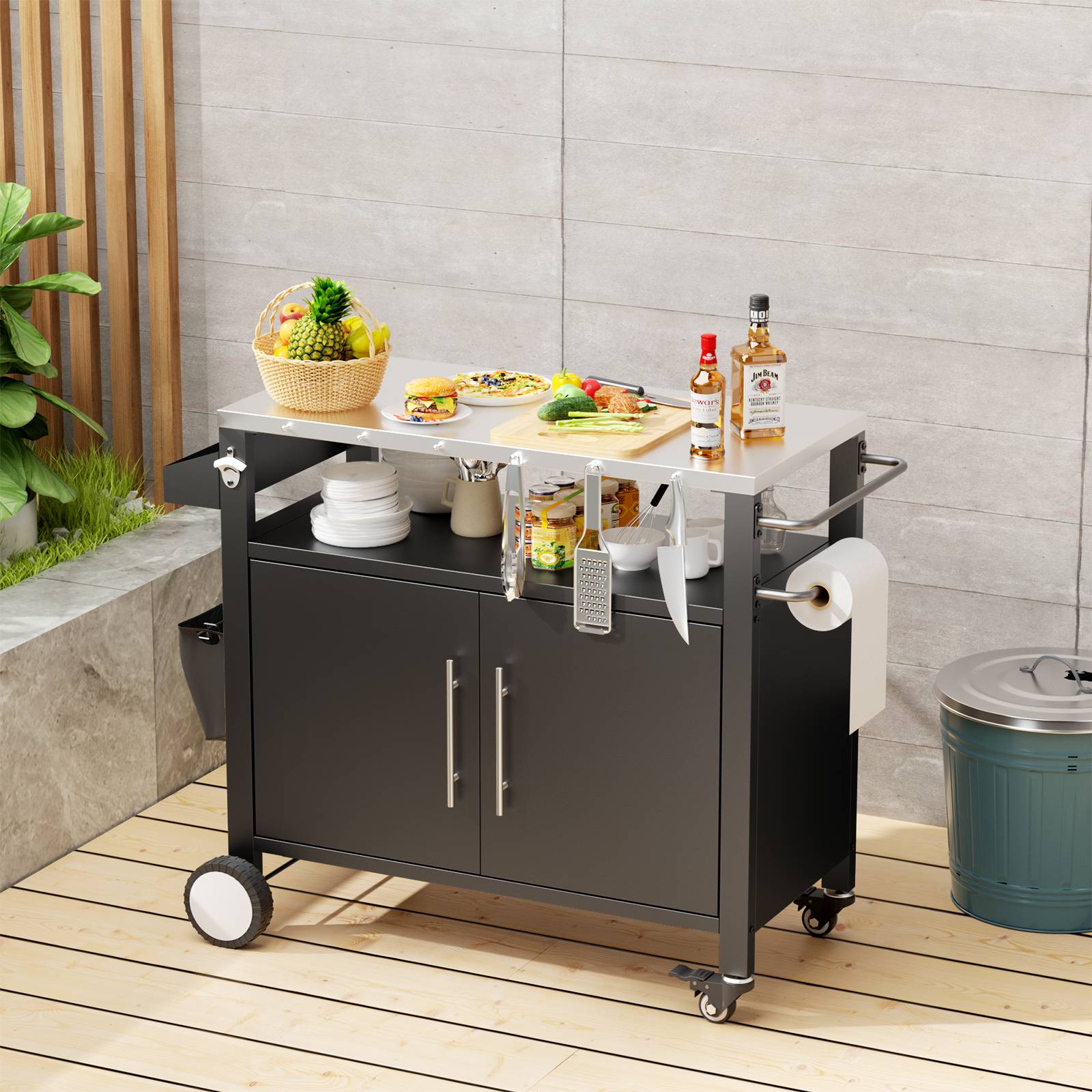 Desserte barbecue métal plateau inox extérieur avec rangements 96x46x90cm noir - ComfortXL Outdoor Living - Image 1