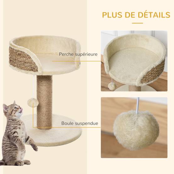 Petit arbre à chat design avec plateforme d'observation et jeu suspendu 49 cm Beige - ComfortXL Outdoor Living - Image 8