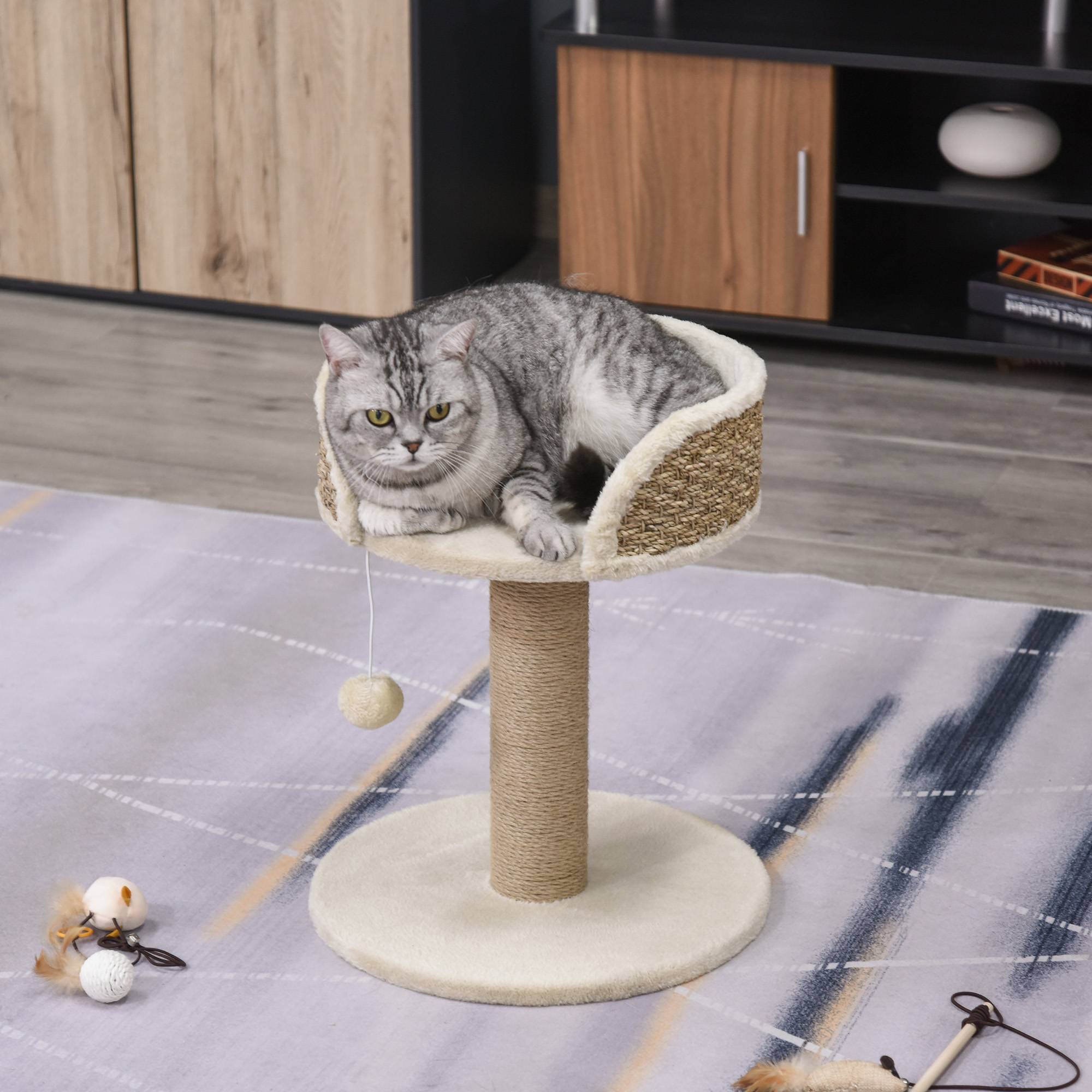 Petit arbre à chat design avec plateforme d'observation et jeu suspendu 49 cm Beige - ComfortXL Outdoor Living - Image 4