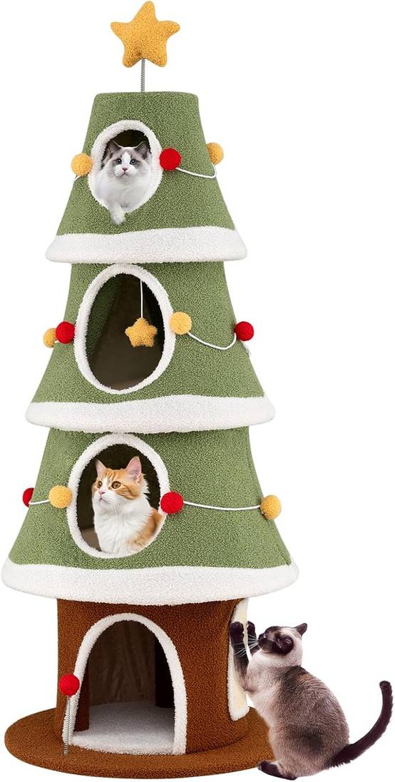Arbre à Chat XXL de Noël 154 cm, 4 Condos, Planche à Griffer en Sisal, Arbre a Chat Design, Tissu Peluche Lavable, Étoile en Sommet, Tour pour Chaton - Image 1
