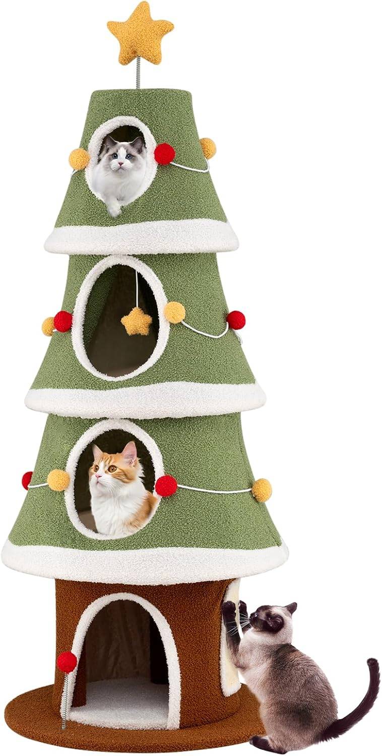 Arbre à Chat XXL de Noël 154 cm, 4 Condos, Planche à Griffer en Sisal, Arbre a Chat Design, Tissu Peluche Lavable, Étoile en Sommet, Tour pour Chaton - Image 1