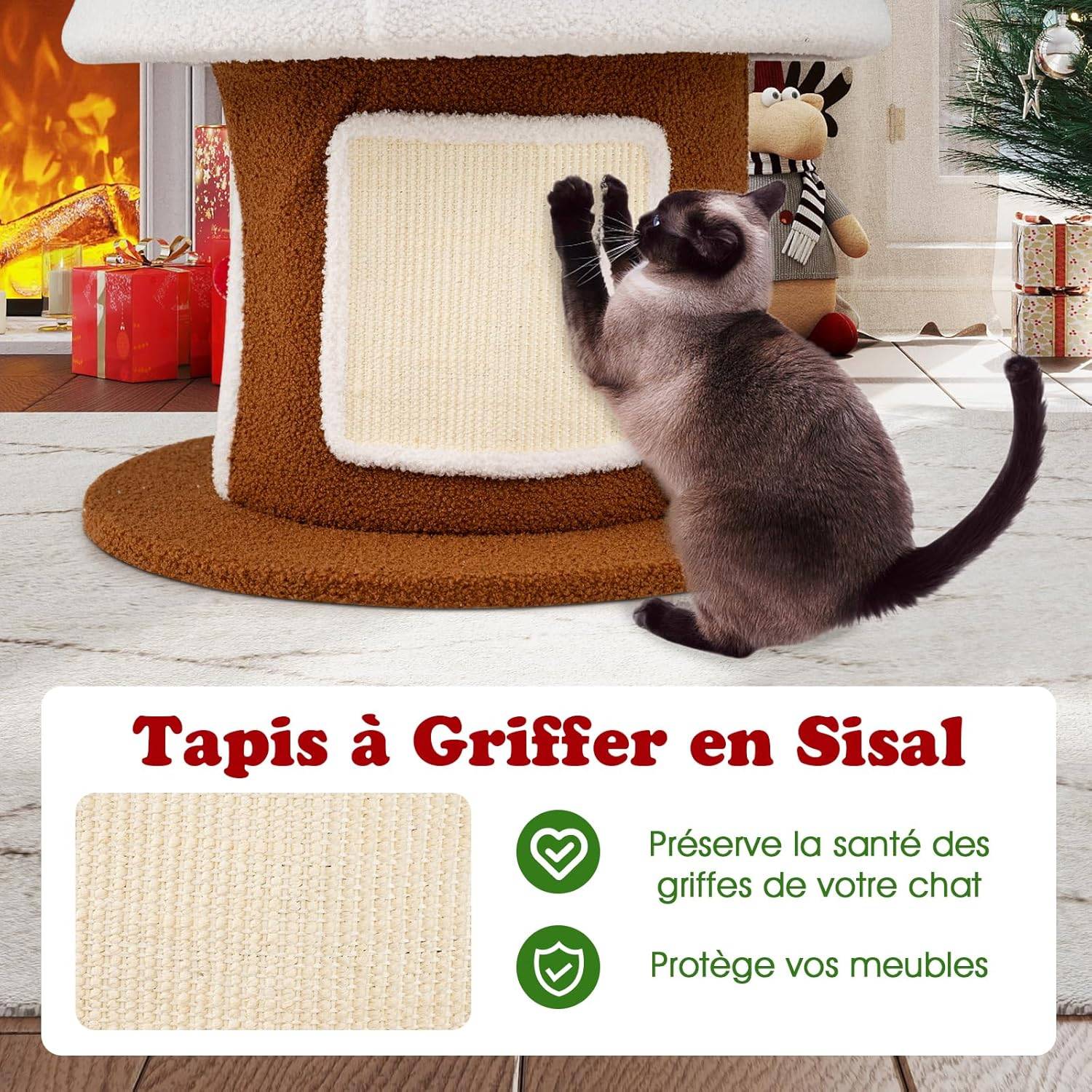 Arbre à Chat XXL de Noël 154 cm, 4 Condos, Planche à Griffer en Sisal, Arbre a Chat Design, Tissu Peluche Lavable, Étoile en Sommet, Tour pour Chaton - Image 3