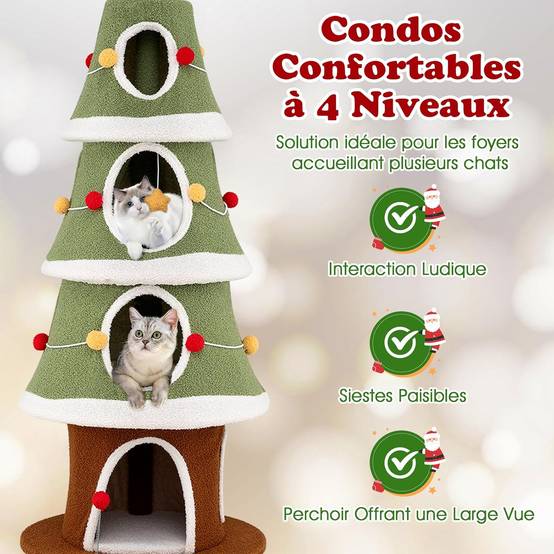 Arbre à Chat XXL de Noël 154 cm, 4 Condos, Planche à Griffer en Sisal, Arbre a Chat Design, Tissu Peluche Lavable, Étoile en Sommet, Tour pour Chaton - Image 2