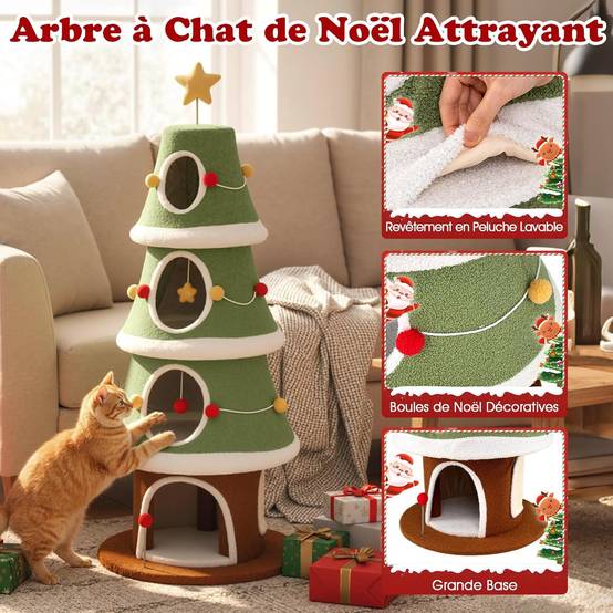Arbre à Chat XXL de Noël 154 cm, 4 Condos, Planche à Griffer en Sisal, Arbre a Chat Design, Tissu Peluche Lavable, Étoile en Sommet, Tour pour Chaton - Image 5