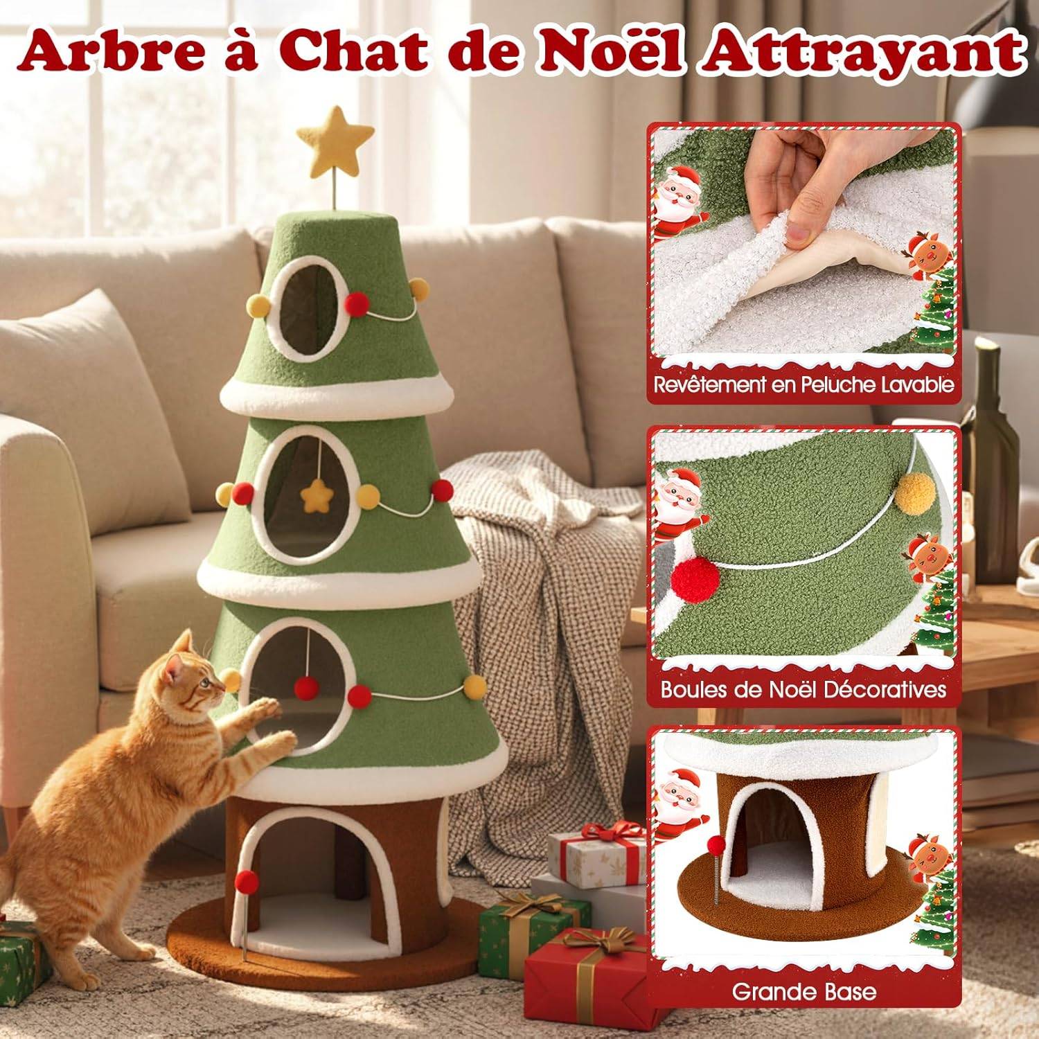 Arbre à Chat XXL de Noël 154 cm, 4 Condos, Planche à Griffer en Sisal, Arbre a Chat Design, Tissu Peluche Lavable, Étoile en Sommet, Tour pour Chaton - Image 5