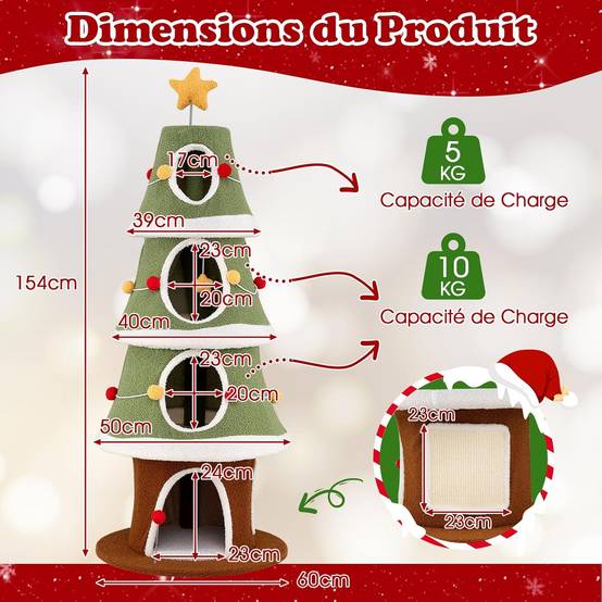 Arbre à Chat XXL de Noël 154 cm, 4 Condos, Planche à Griffer en Sisal, Arbre a Chat Design, Tissu Peluche Lavable, Étoile en Sommet, Tour pour Chaton - Image 4