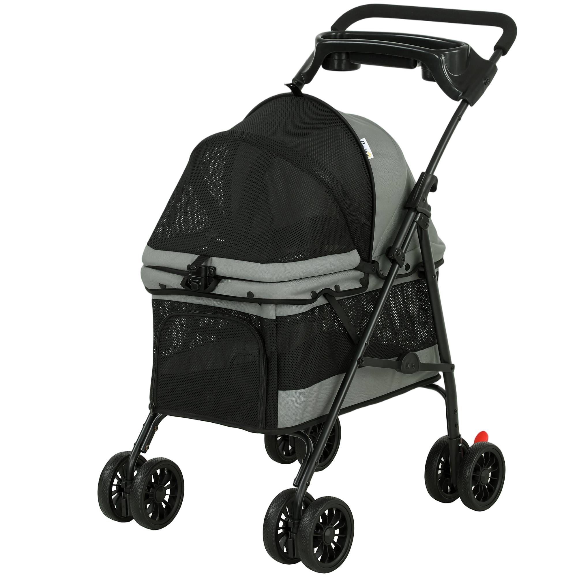 Poussette pliable pour chien à 4 roues en EVA avec pivot et frein, fenêtres en filet, coussin lavable et porte-gobelet - Grise - Image 2