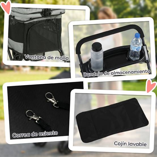 Poussette pliable pour chien à 4 roues en EVA avec pivot et frein, fenêtres en filet, coussin lavable et porte-gobelet - Grise - Image 9