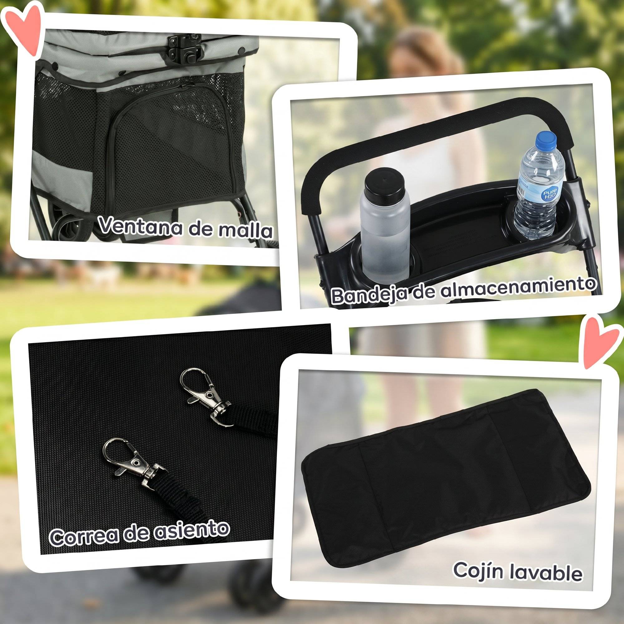 Poussette pliable pour chien à 4 roues en EVA avec pivot et frein, fenêtres en filet, coussin lavable et porte-gobelet - Grise - Image 9