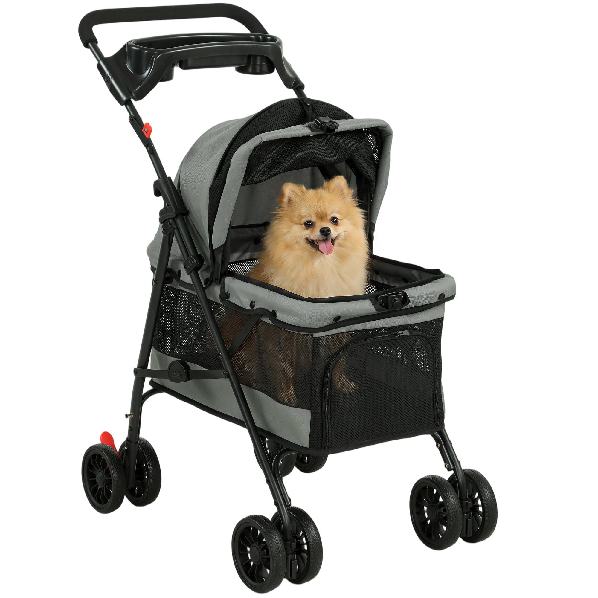 Poussette pliable pour chien à 4 roues en EVA avec pivot et frein, fenêtres en filet, coussin lavable et porte-gobelet - Grise
