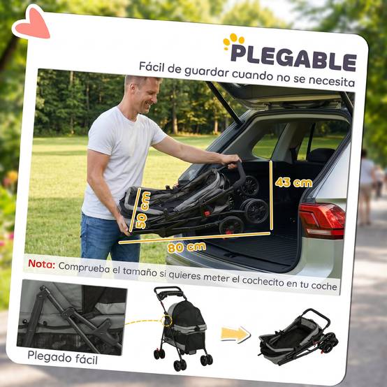 Poussette pliable pour chien à 4 roues en EVA avec pivot et frein, fenêtres en filet, coussin lavable et porte-gobelet - Grise - Image 8