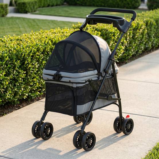 Poussette pliable pour chien à 4 roues en EVA avec pivot et frein, fenêtres en filet, coussin lavable et porte-gobelet - Grise - Image 10