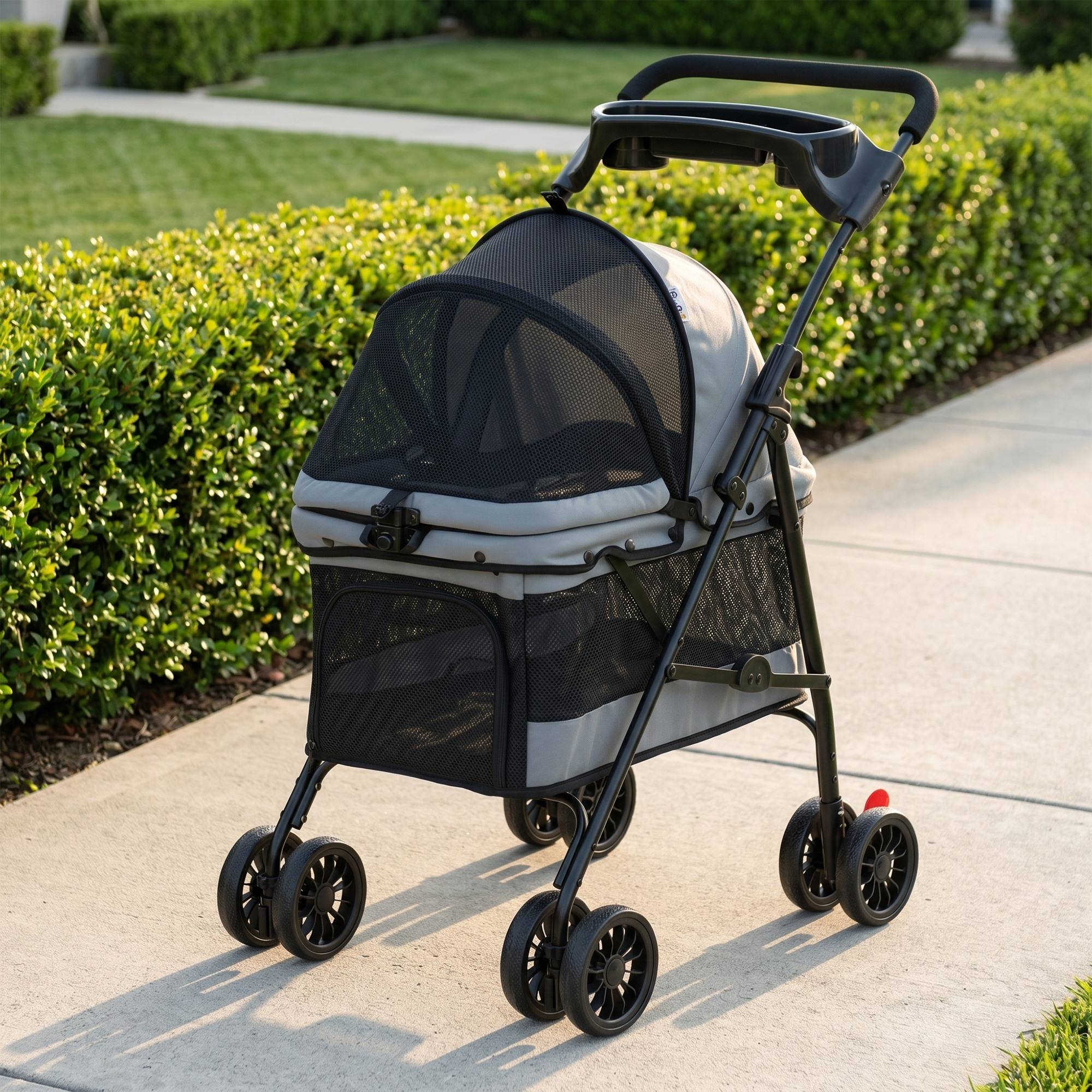 Poussette pliable pour chien à 4 roues en EVA avec pivot et frein, fenêtres en filet, coussin lavable et porte-gobelet - Grise - Image 10