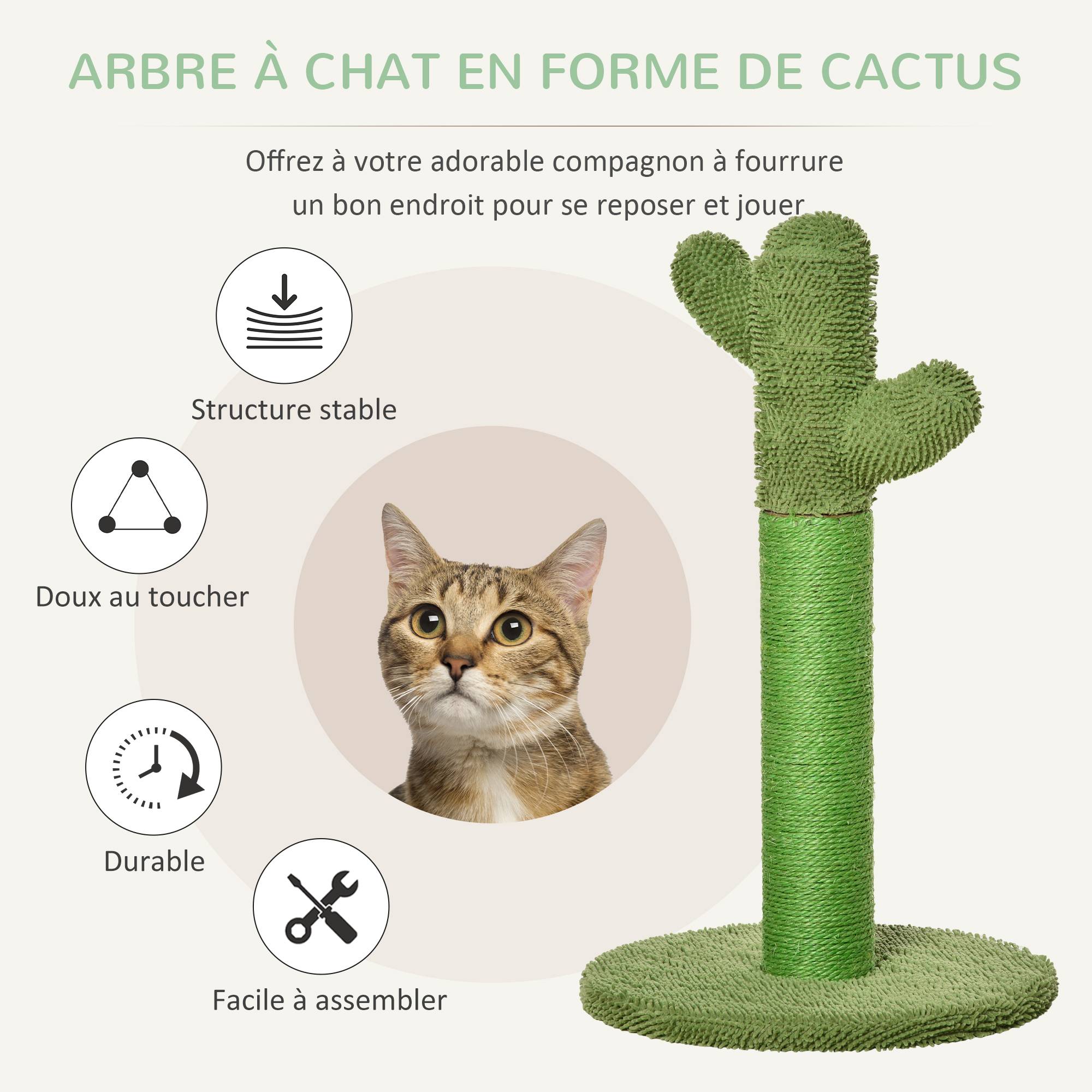 Griffoir pour chat d'intérieur en forme de cactus, arbre à chat en sisal résistant avec base, 40 x 40 x 65 cm, vert - Image 6