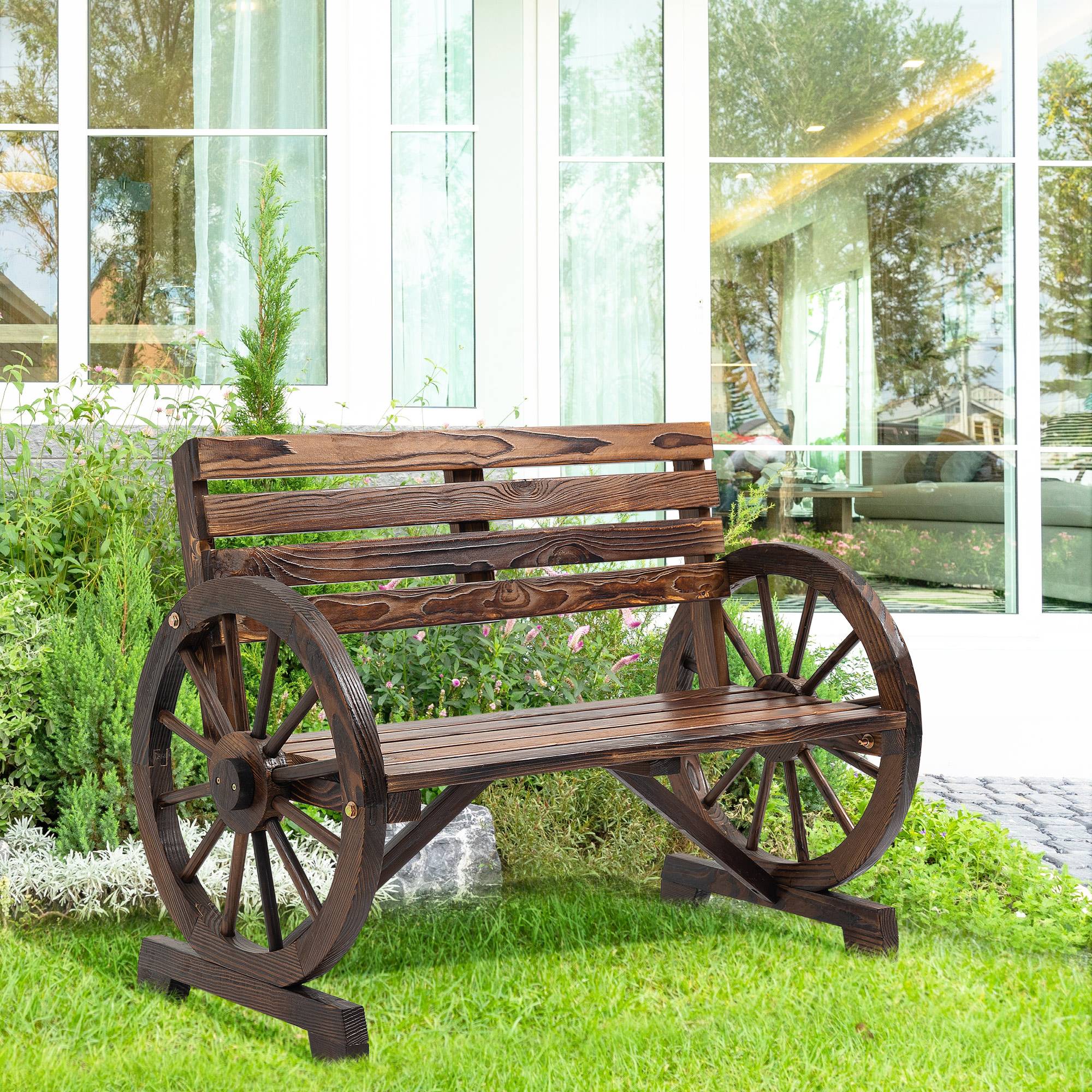 Sans Marque - Banc jardin 2 places bois lattes accoudoirs roue chariot 105,5x56x79 cm brun brûlé - Image 4