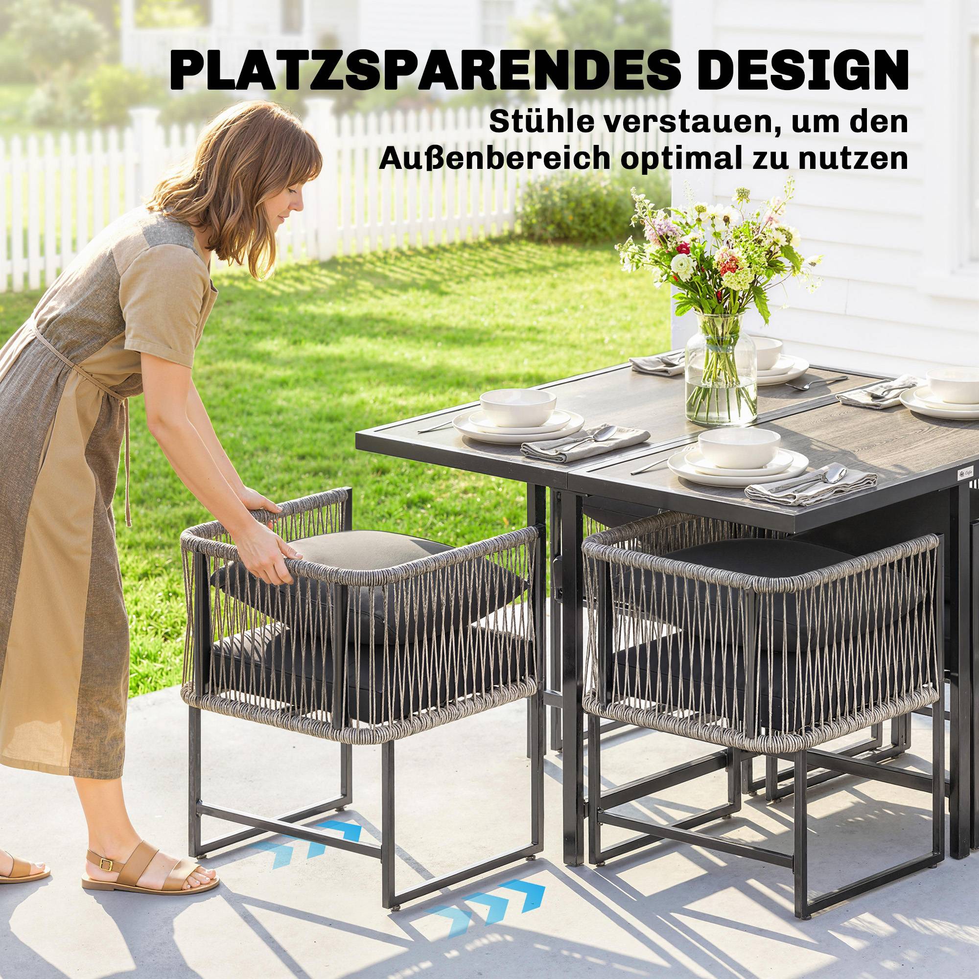ComfortXL - Salon de jardin 5 pièces résine tressée acier gris table 108 cm 4 fauteuils rangement sous table gain de place - Image 4