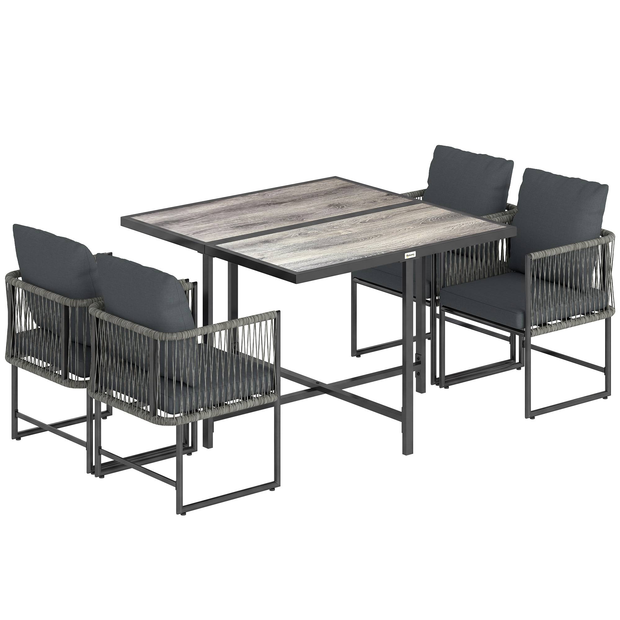 ComfortXL - Salon de jardin 5 pièces résine tressée acier gris table 108 cm 4 fauteuils rangement sous table gain de place - Image 10