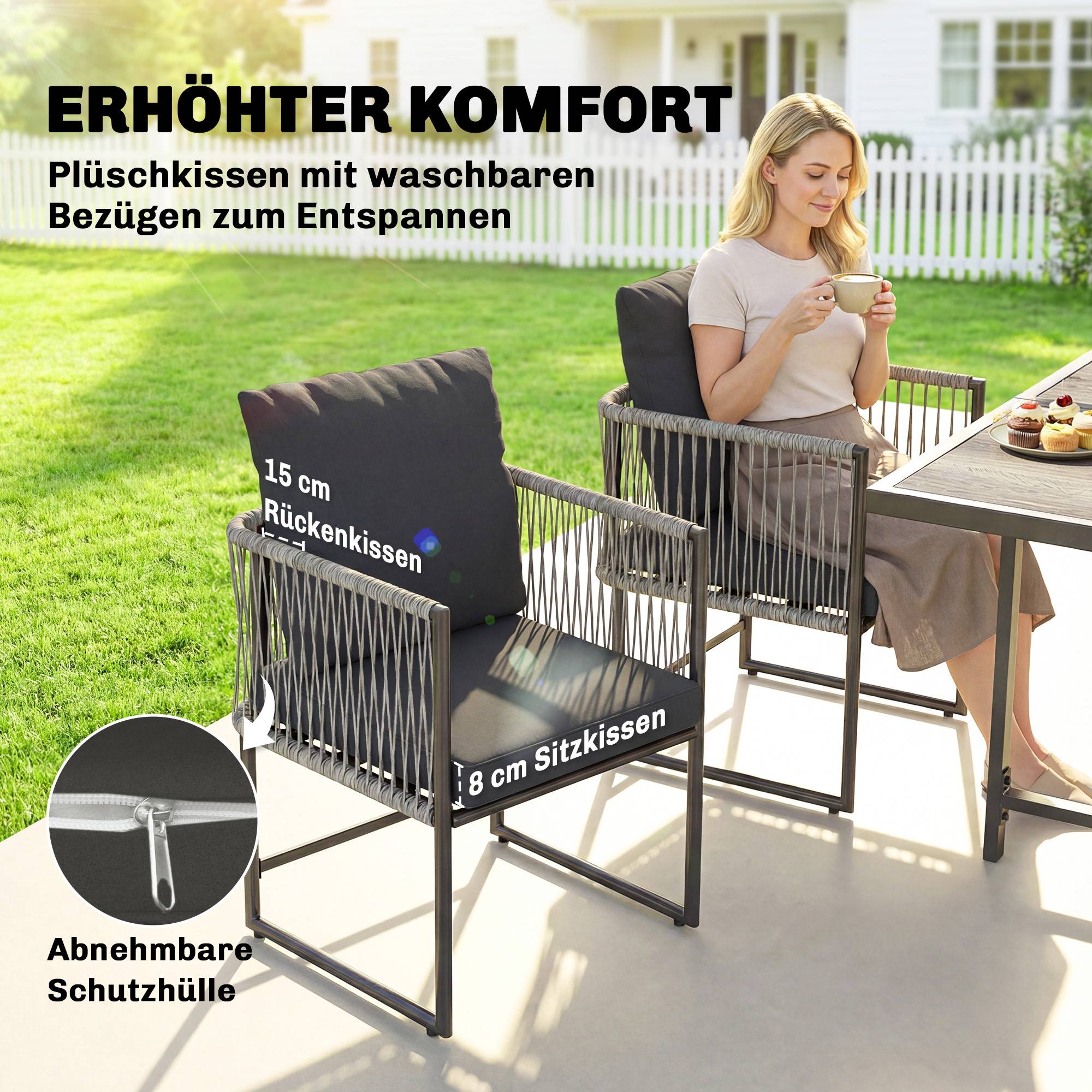 ComfortXL - Salon de jardin 5 pièces résine tressée acier gris table 108 cm 4 fauteuils rangement sous table gain de place - Image 7