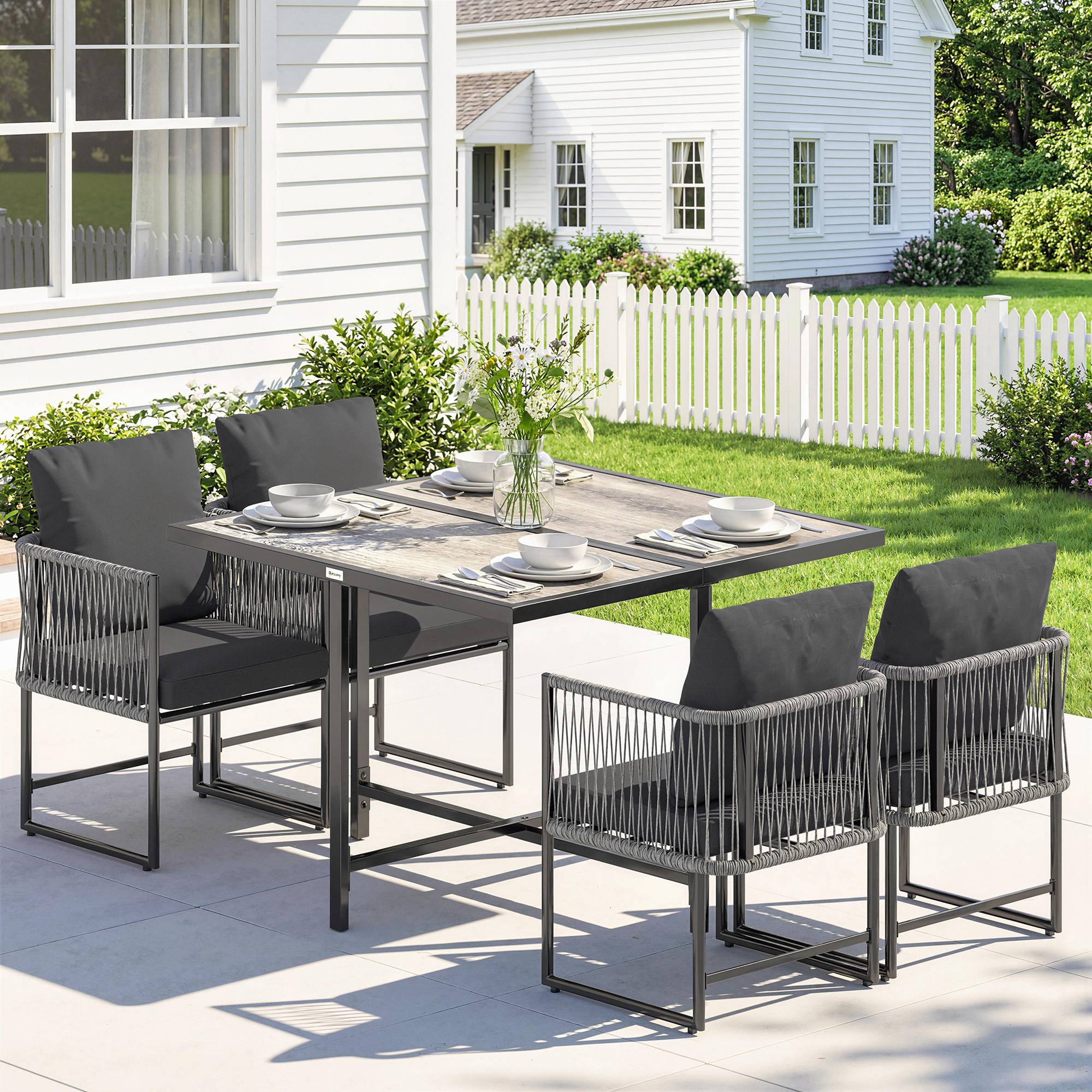 ComfortXL - Salon de jardin 5 pièces résine tressée acier gris table 108 cm 4 fauteuils rangement sous table gain de place - Image 1