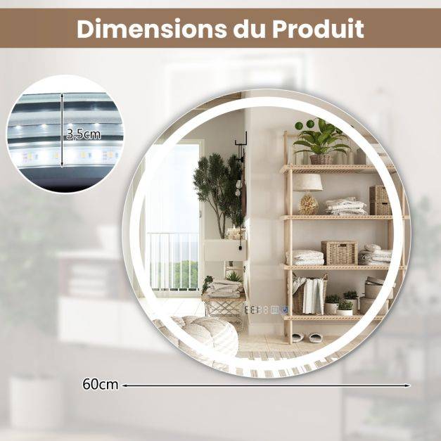 Helloshop26 - Miroir mural led 60 cm miroir rond avec luminosité réglable en continu 3 températures de couleur fonction anti-buée&mémoire miroir argent - Imagen 3