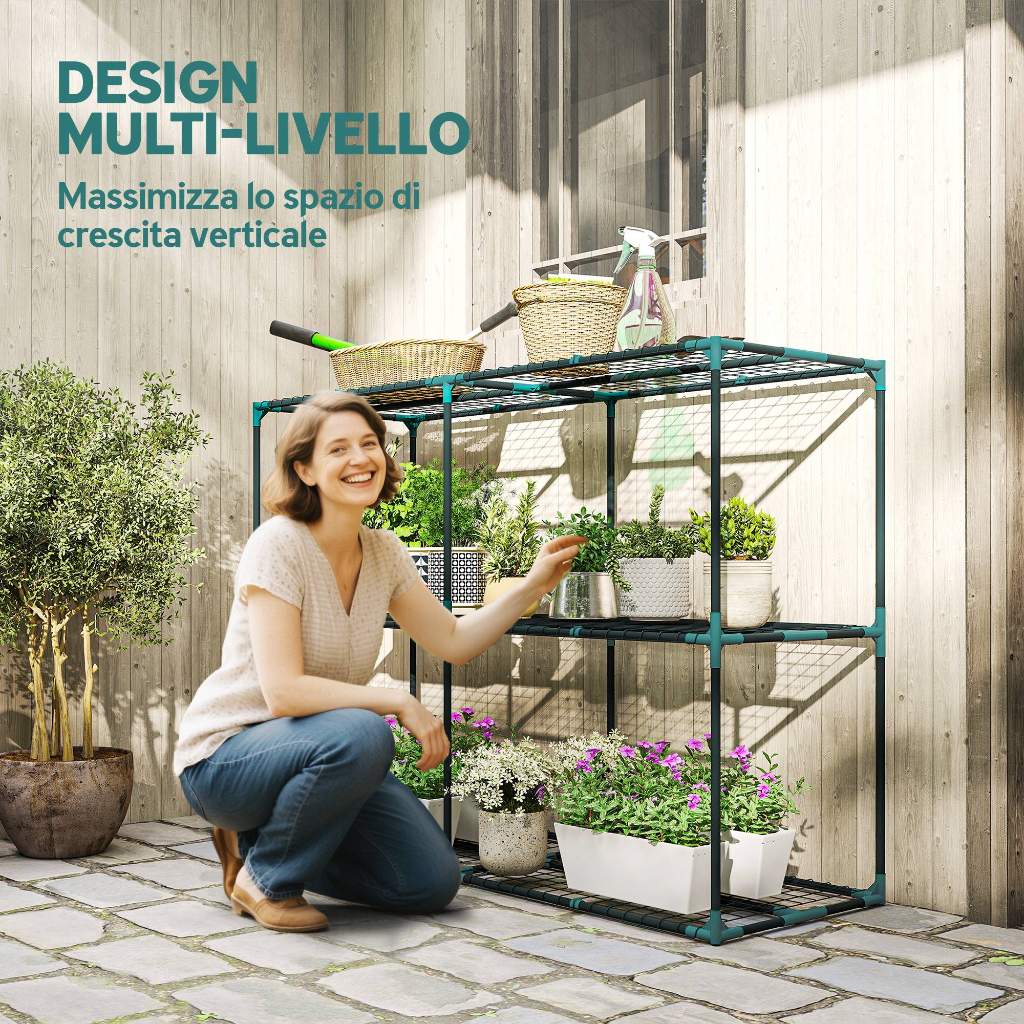 support plantes 3 niveaux ouvert acier plastique 143x48x100 jardin balcon vert foncé - Image 6