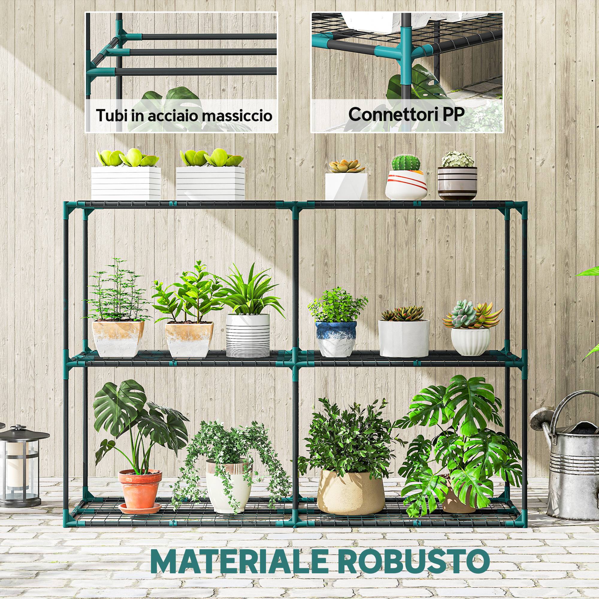 support plantes 3 niveaux ouvert acier plastique 143x48x100 jardin balcon vert foncé - Image 8