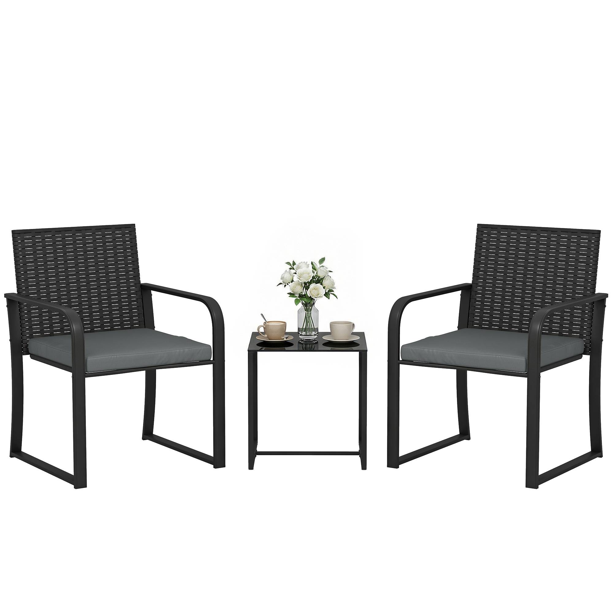 Sans Marque - Ensemble mobilier jardin rotin synthétique 2 chaises coussins table plateau verre gris - Image 1