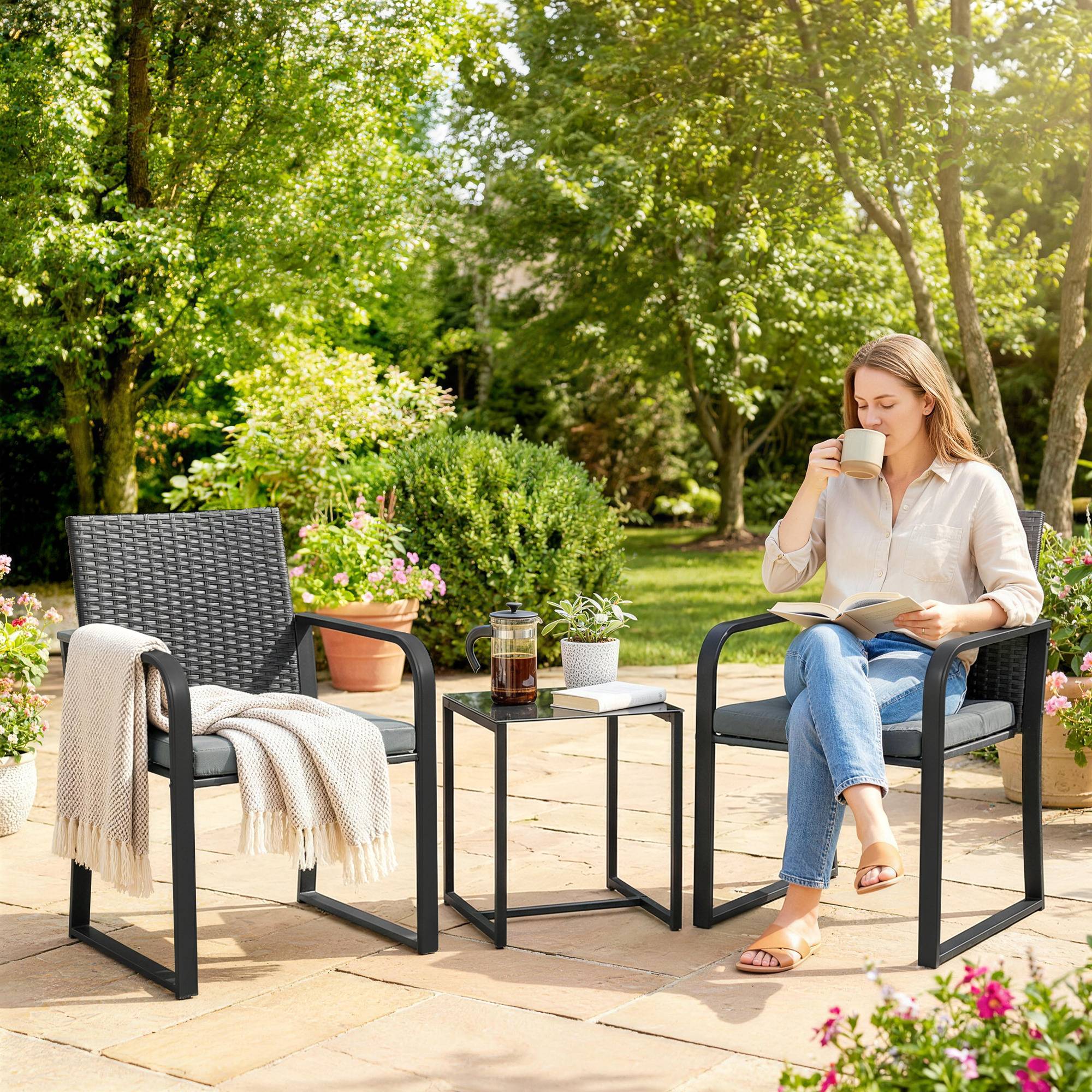 Sans Marque - Ensemble mobilier jardin rotin synthétique 2 chaises coussins table plateau verre gris - Image 3
