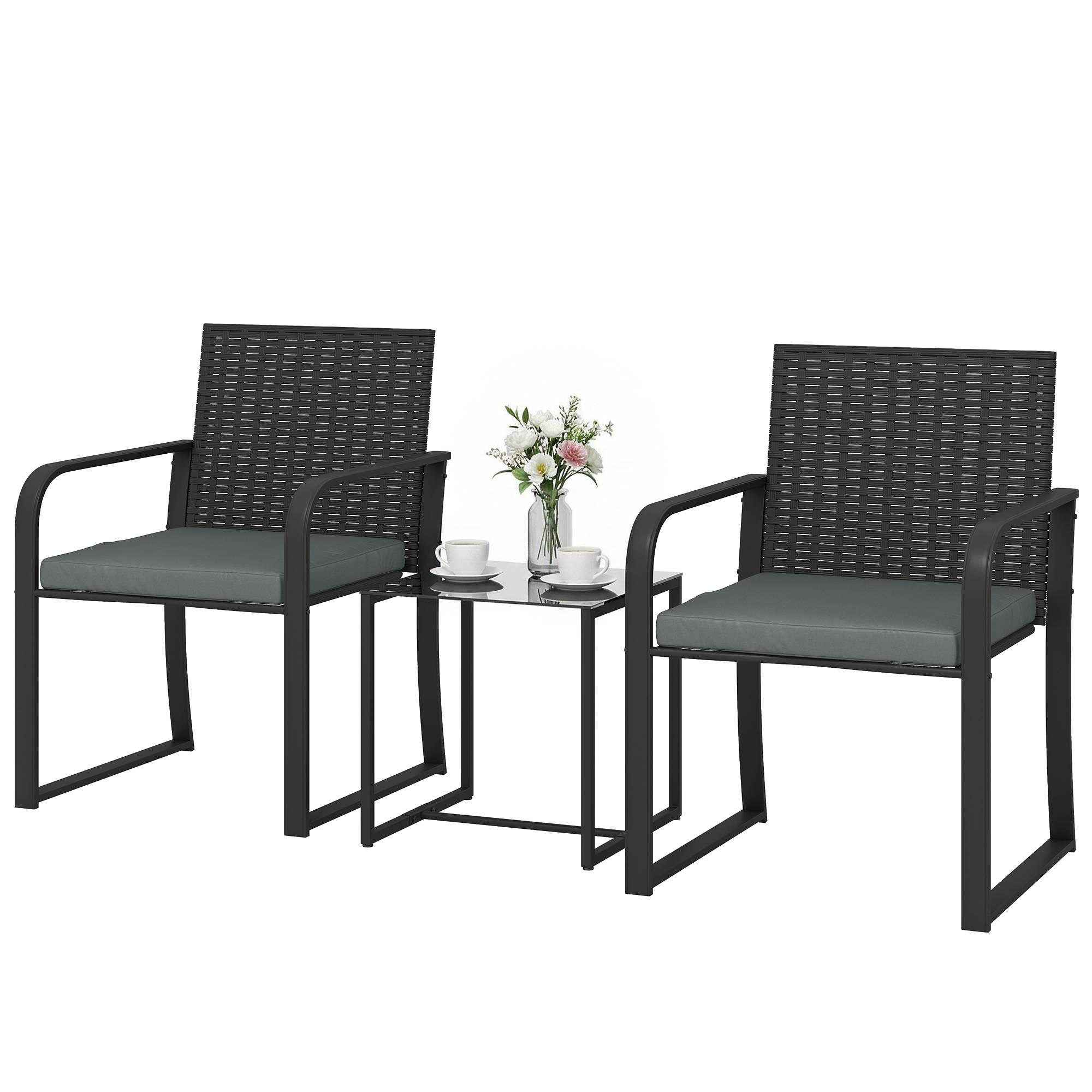 Sans Marque - Ensemble mobilier jardin rotin synthétique 2 chaises coussins table plateau verre gris - Image 2
