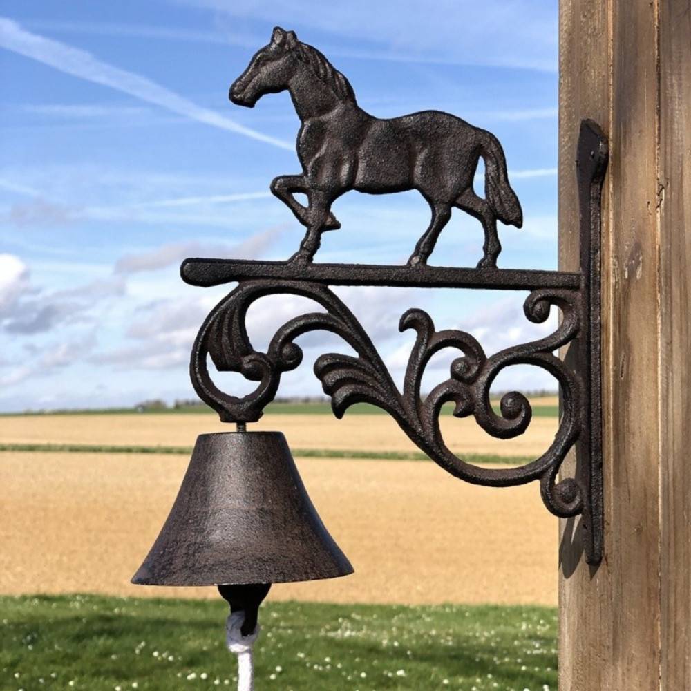 Cloche de jardin de porte ancienne cheval fonte marron 23x26cm Chemin de campagne - Imagen 5