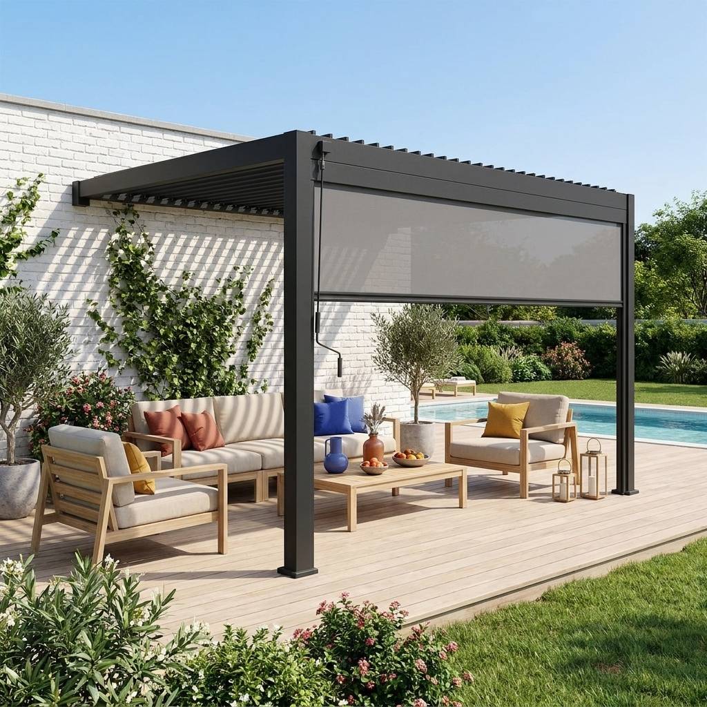 sweeek - Pergola bioclimatique aluminium adossée 4x3m + 1 store 4m anthracite Triomphe  | sweeek