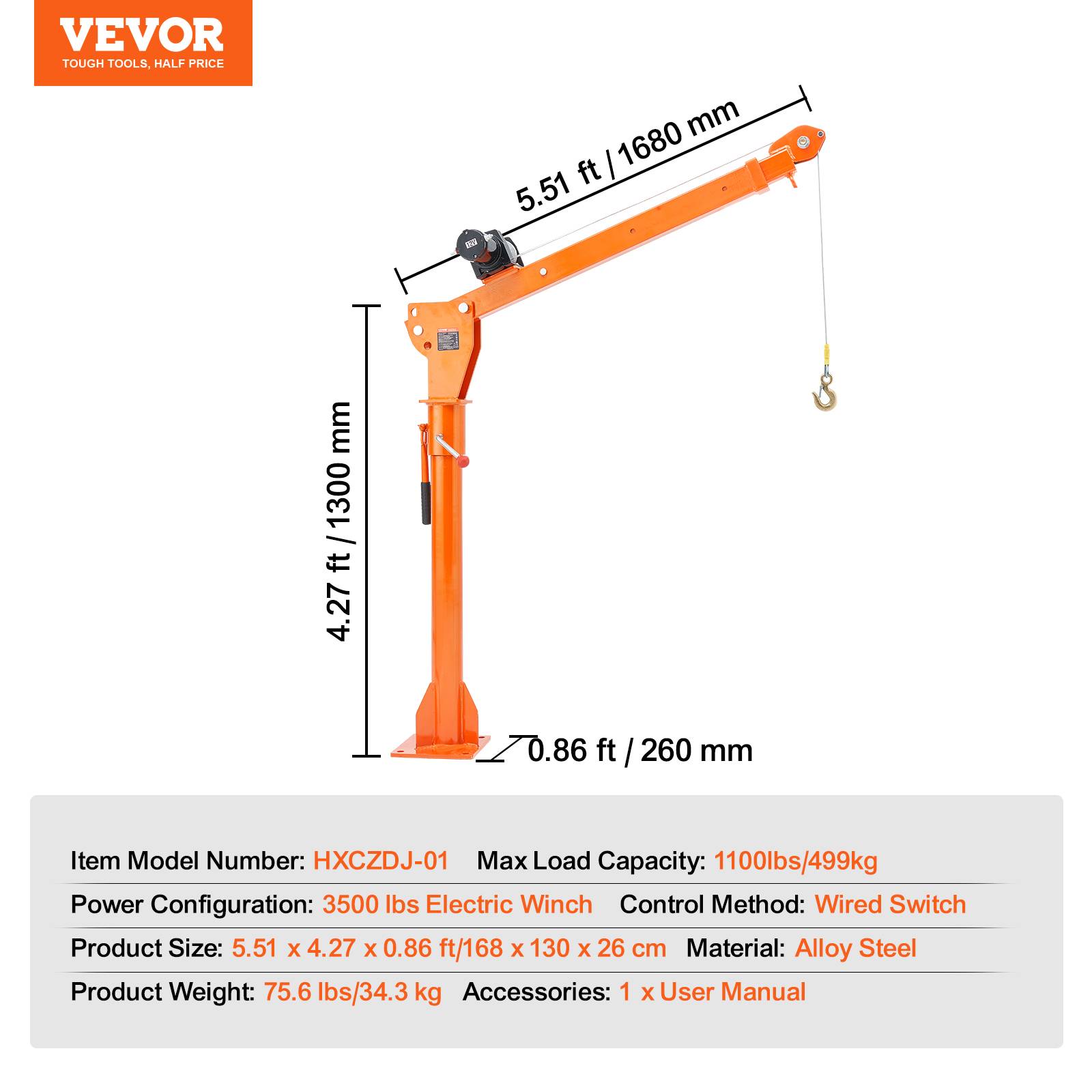 VEVOR Grue levage électrique pour camionnettes 499kg, attelage, treuil 1587kg, pivotante 360°. - Image 7