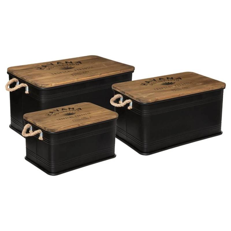 Lot de 3 malles métal noir plateau bois Atmosphera - Image 1
