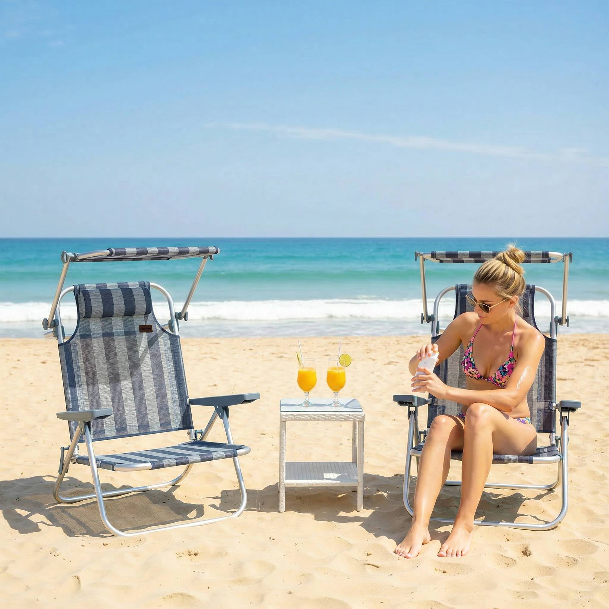 Ensemble de 2 chaises de plage pliantes avec auvent réglable, dossier inclinable 6 positions, appui-tête, bleu et blanc - Image 3