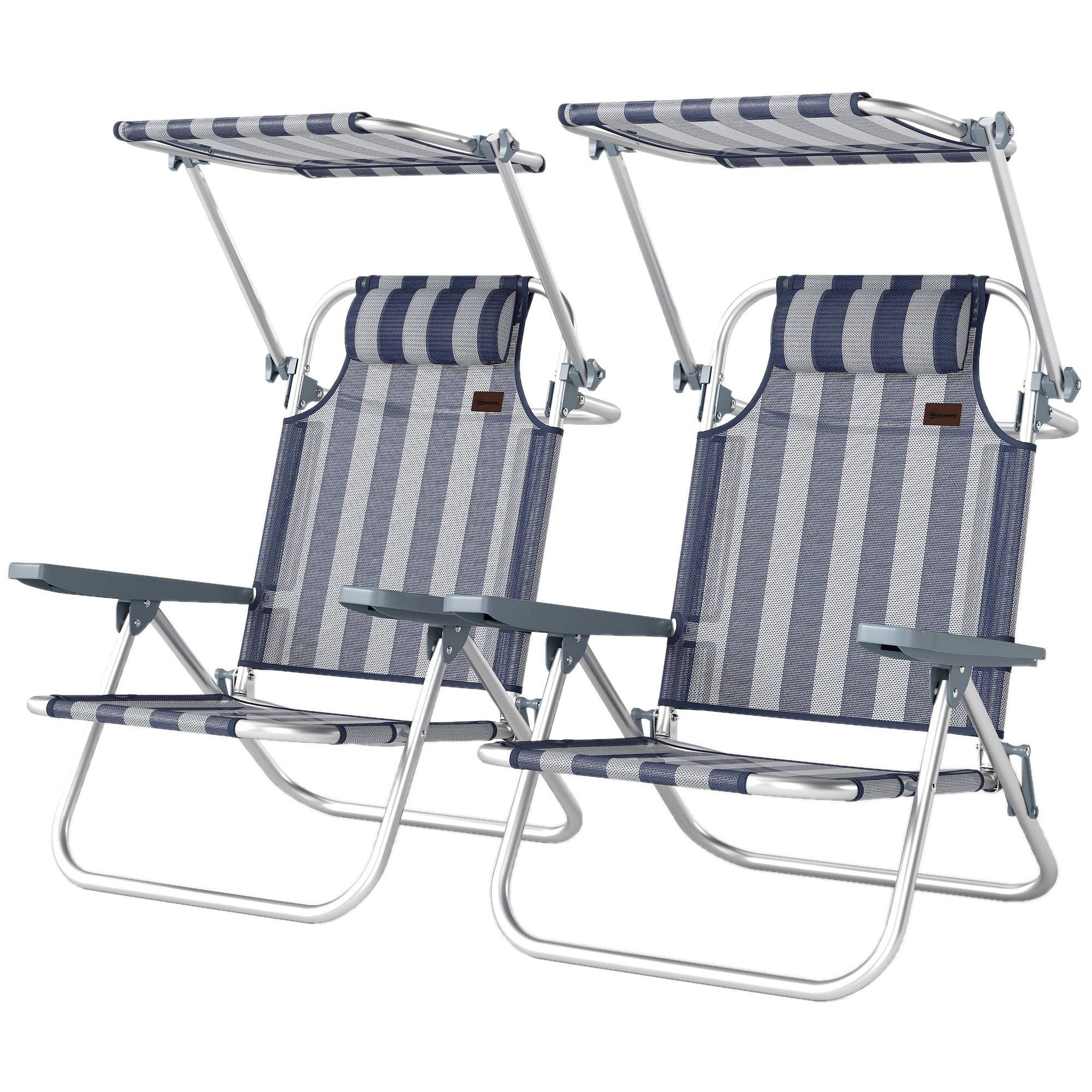 Ensemble de 2 chaises de plage pliantes avec auvent réglable, dossier inclinable 6 positions, appui-tête, bleu et blanc - Image 2