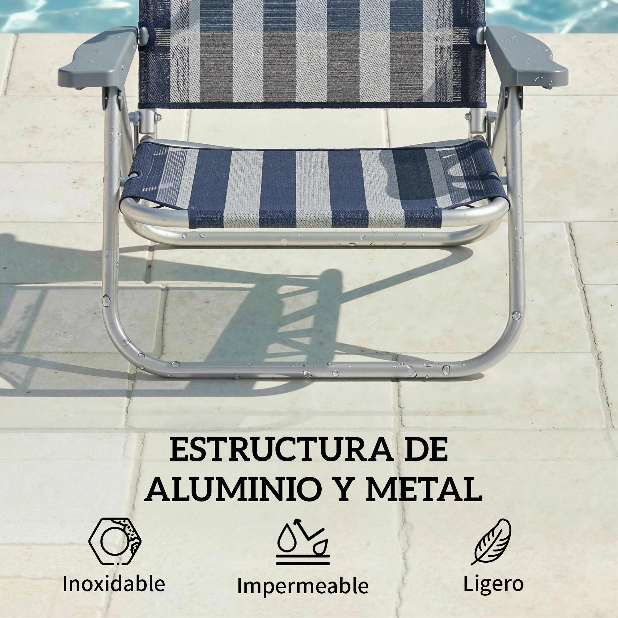 Ensemble de 2 chaises de plage pliantes avec auvent réglable, dossier inclinable 6 positions, appui-tête, bleu et blanc - Image 10
