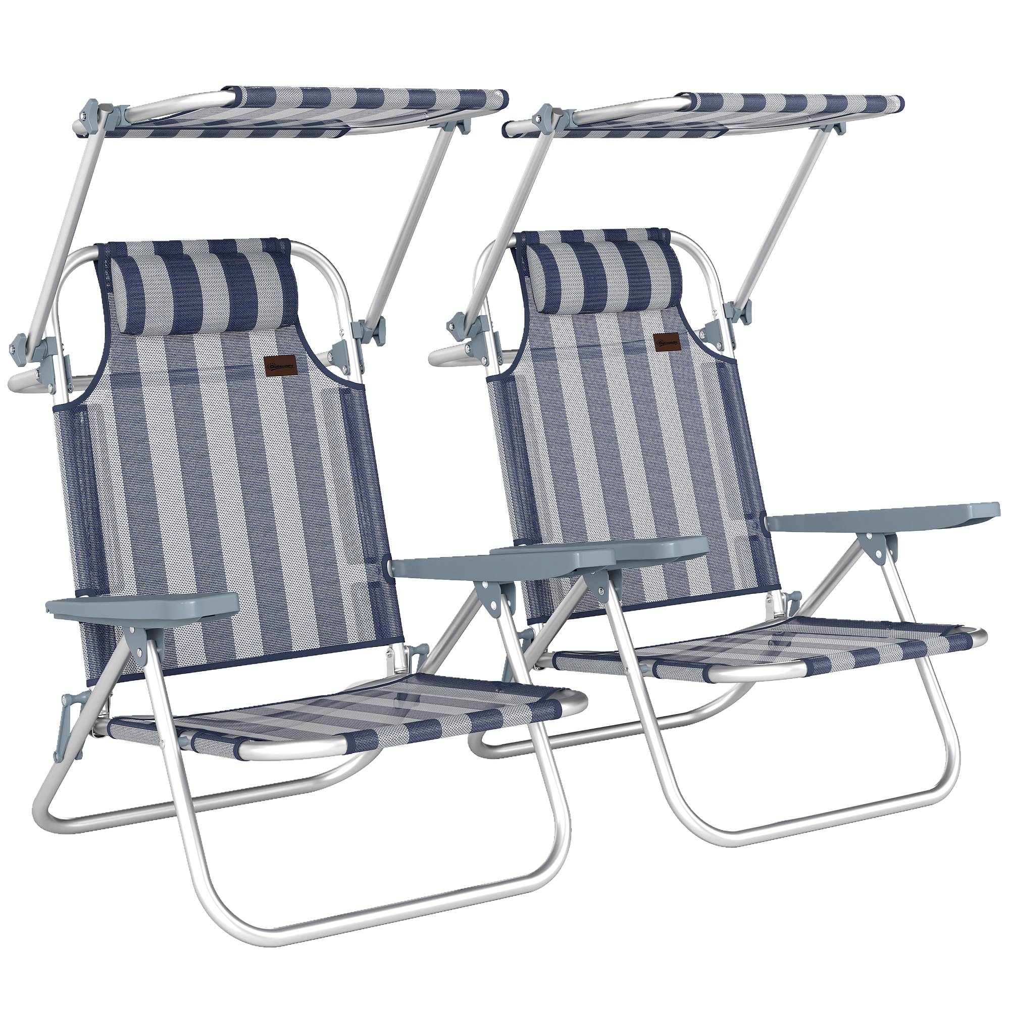 Ensemble de 2 chaises de plage pliantes avec auvent réglable, dossier inclinable 6 positions, appui-tête, bleu et blanc - Image 1