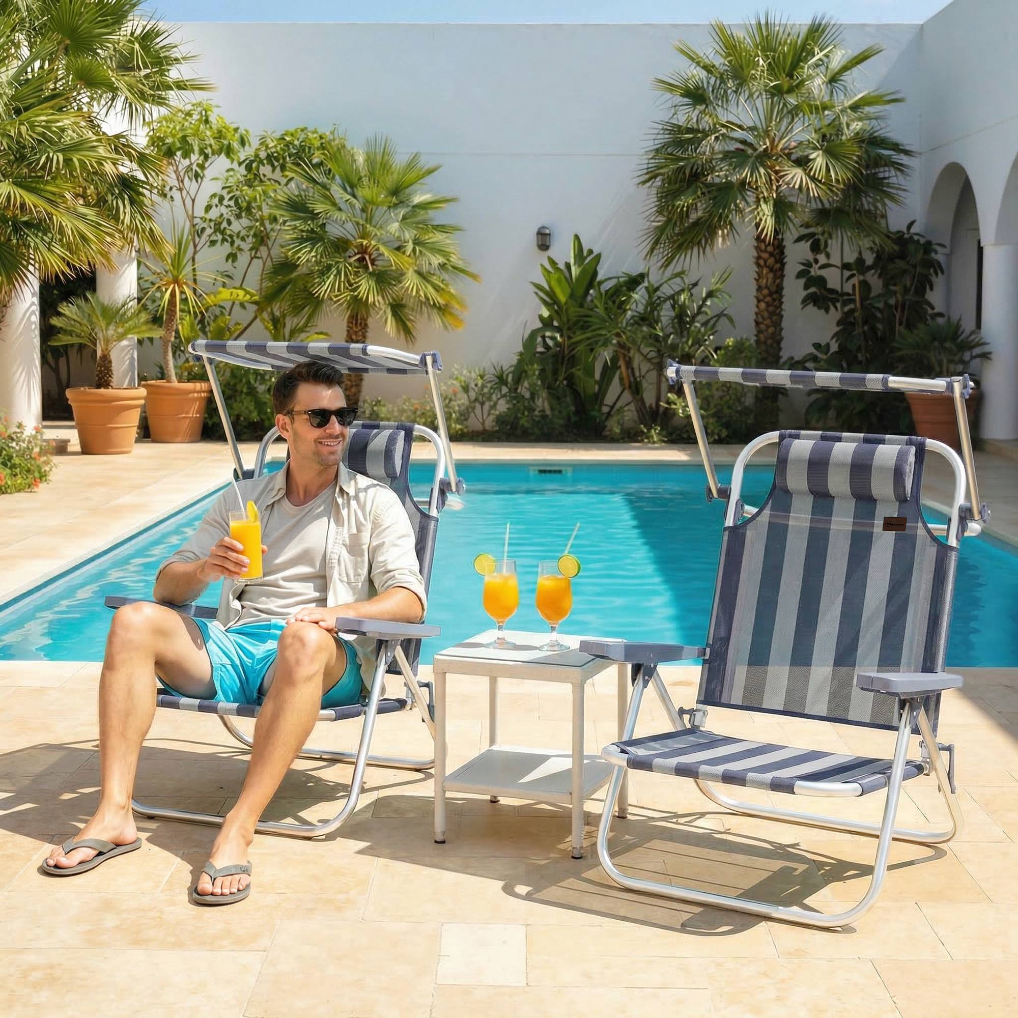 Ensemble de 2 chaises de plage pliantes avec auvent réglable, dossier inclinable 6 positions, appui-tête, bleu et blanc - Image 4