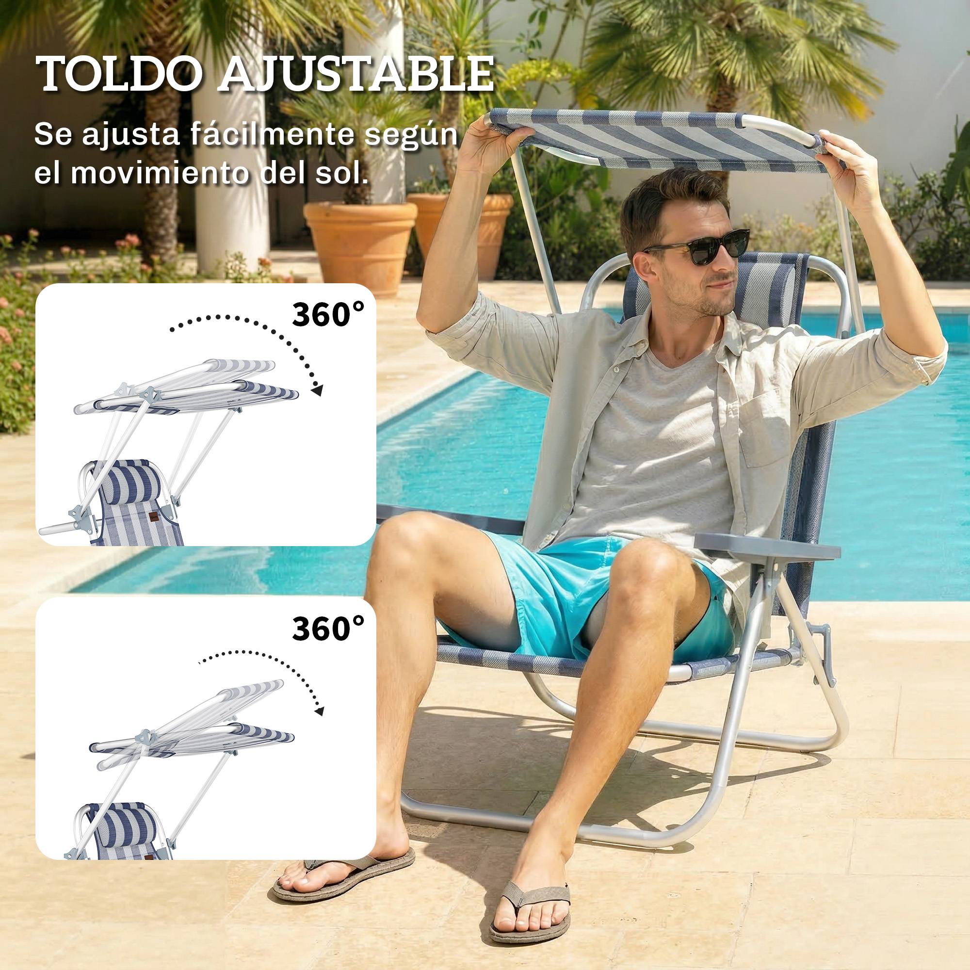Ensemble de 2 chaises de plage pliantes avec auvent réglable, dossier inclinable 6 positions, appui-tête, bleu et blanc - Image 7