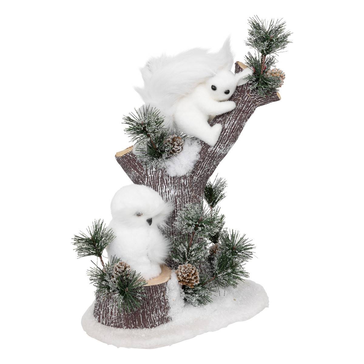 Fééric Lights & Christmas - Déco de Noël Tronc avec Écureuil et Hibou 25 x 18 x H 32 cm