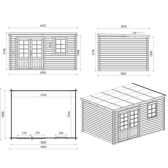 Altanka - Abri de jardin en bois - 12m2 - 4x3m - Traité - Ep. 28mm - Couleur: vert - DOM381 - ALTANKA - Image 4