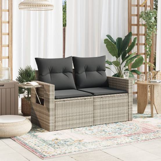 Canapé Extérieur 2 Places Résine Gris Clair Tablette Rabattable Coussins Foncés – ComfortXL Outdoor Living - Image 3