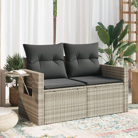 Canapé Extérieur 2 Places Résine Gris Clair Tablette Rabattable Coussins Foncés – ComfortXL Outdoor Living - Image 1